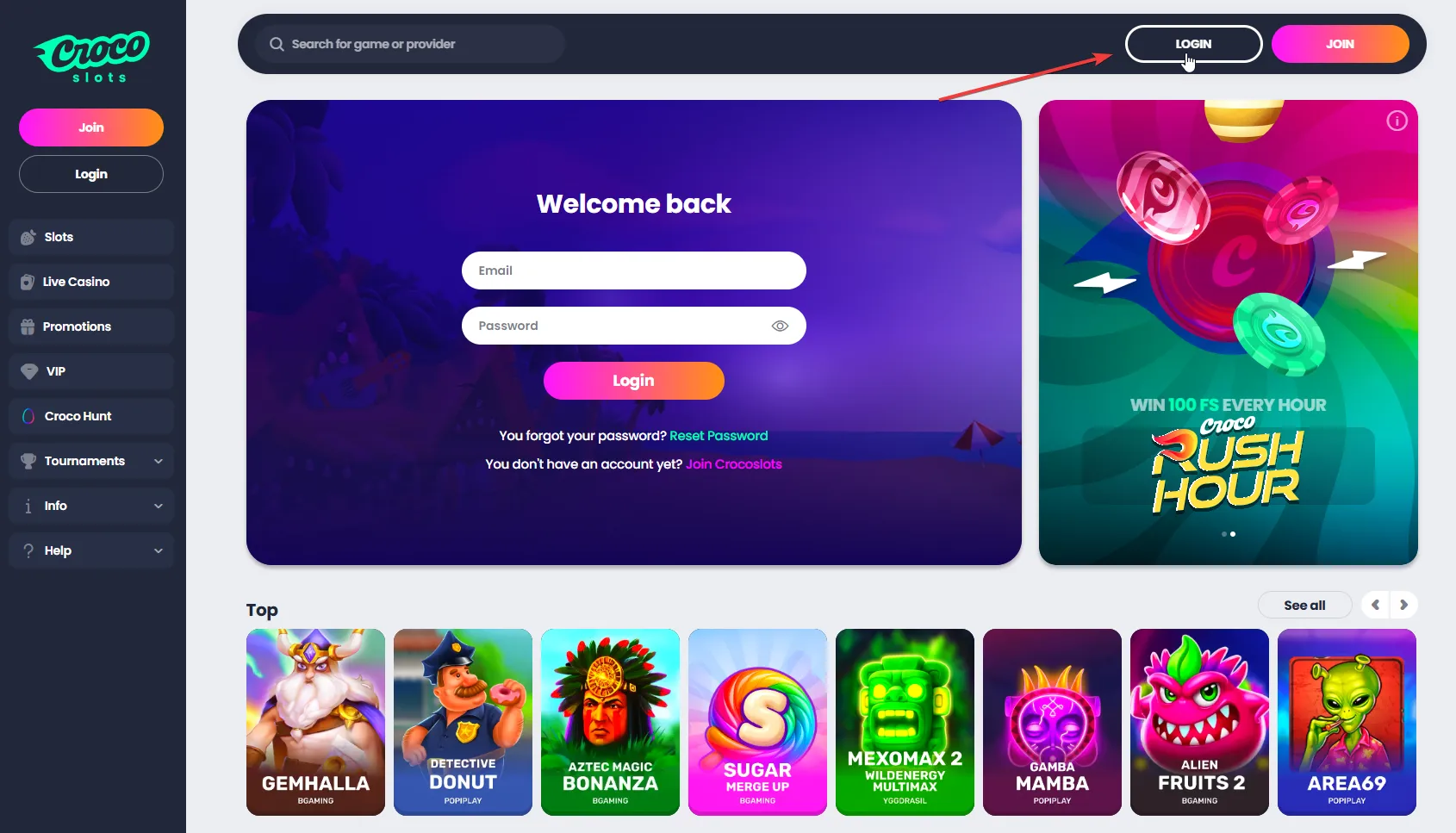 Crocoslots login button